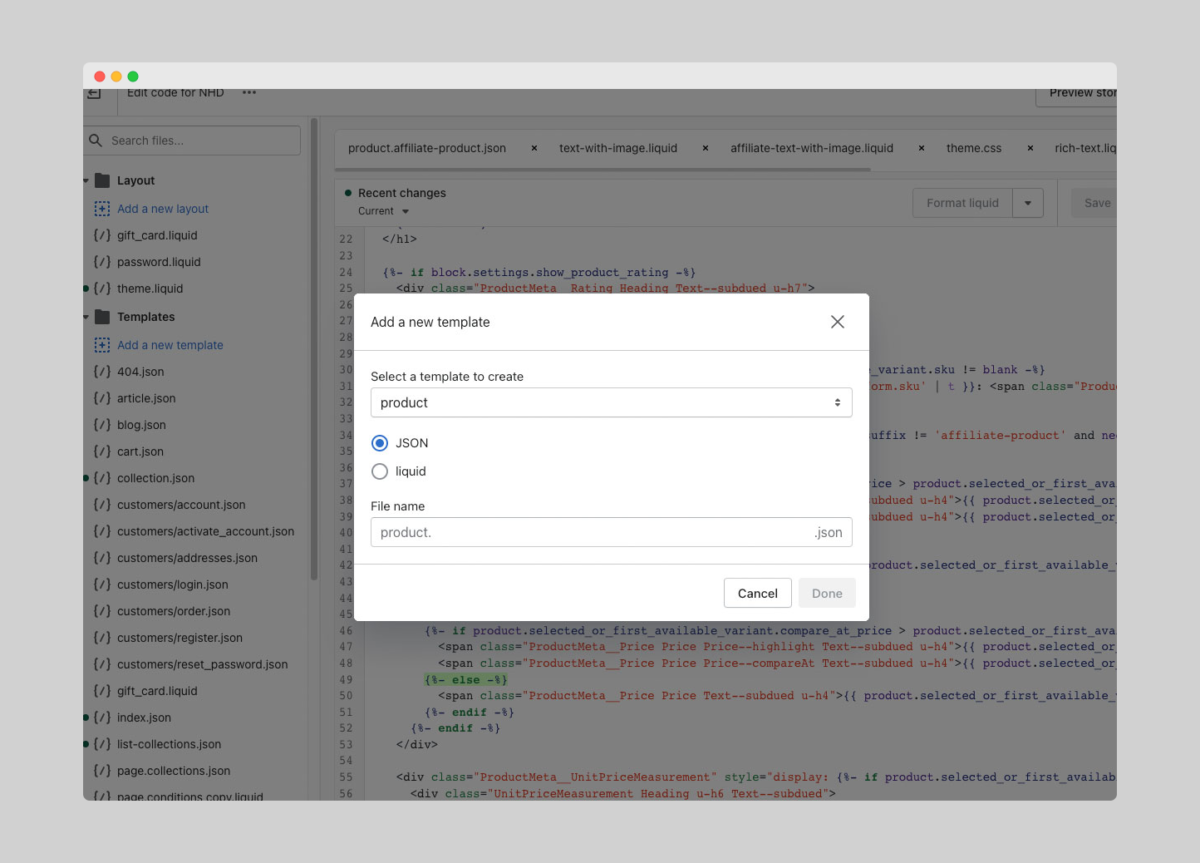 Adding alternate product template to Shopify