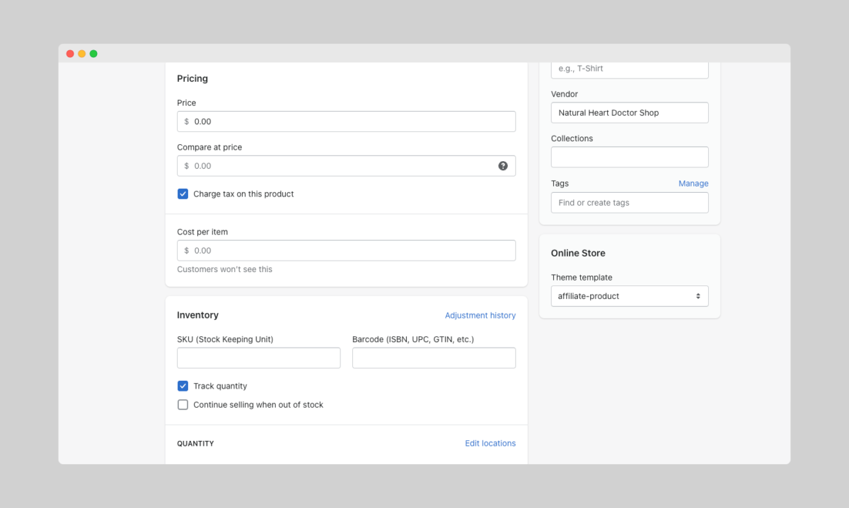 Selecting an alternate product template on Shopify